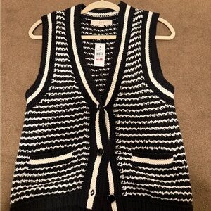 LOFT Women's Black and White Striped Sweater Vest